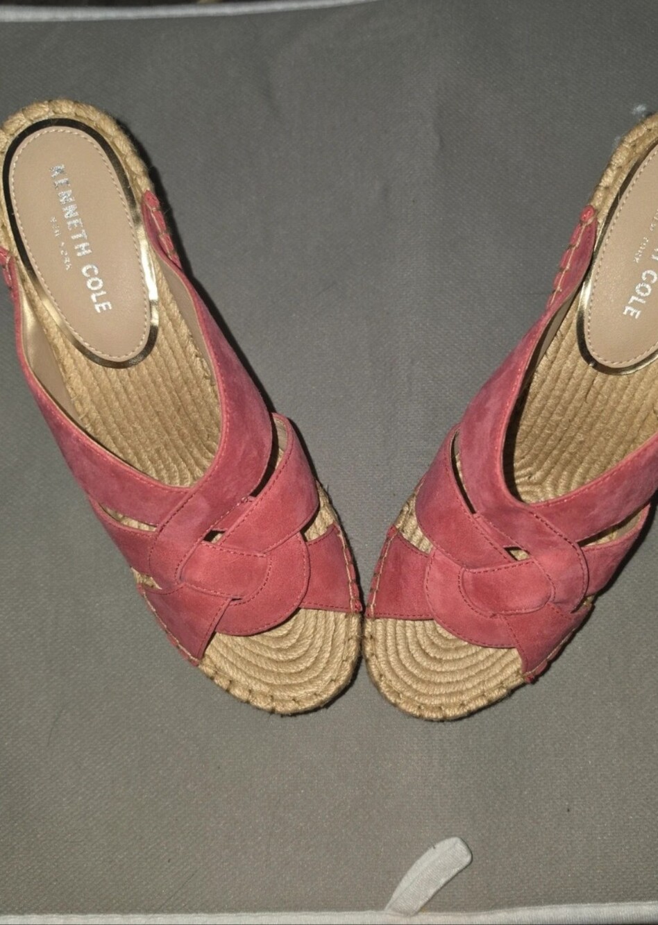 Kenneth Cole Pink-Red Suede Woven Espadrille Wedge Sandals